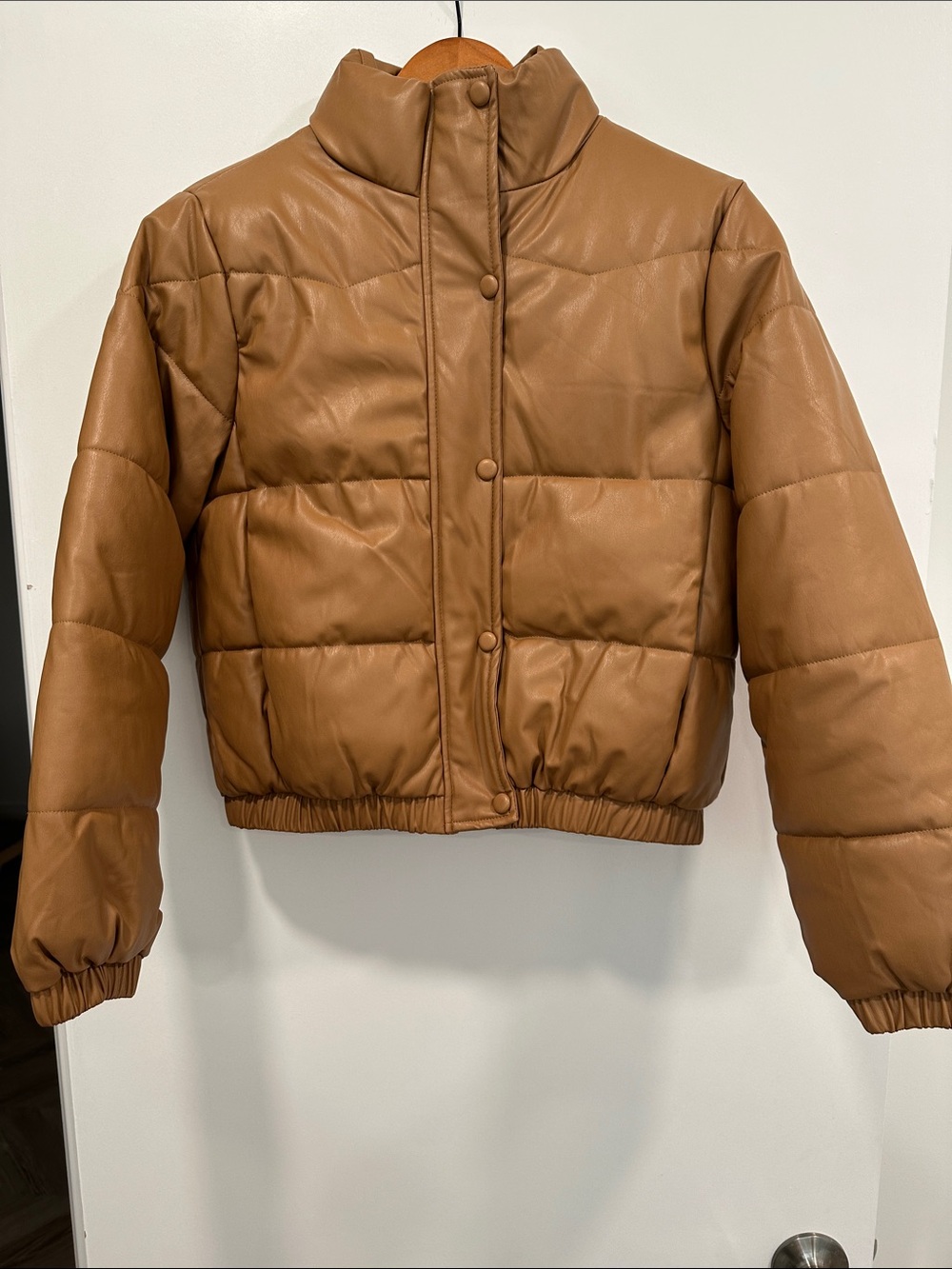 Cropped Faux-Leather Puffer Jacket - Tan